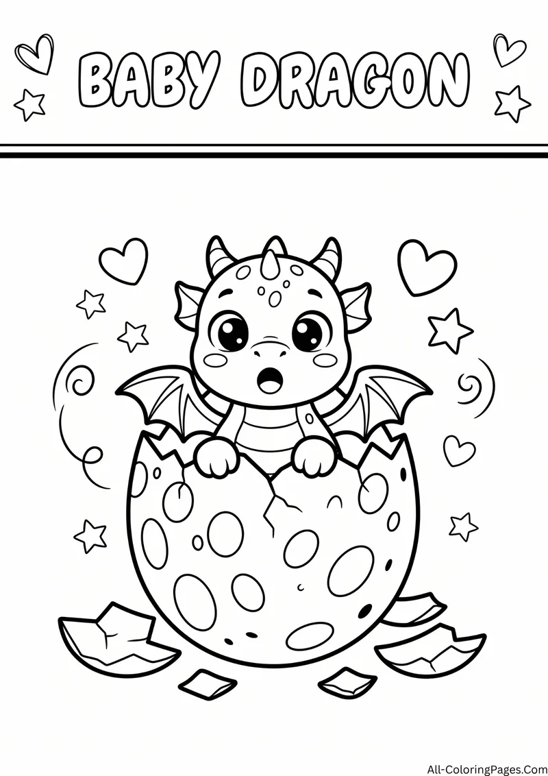 Baby dragon hatching from a spotted egg with hearts and stars, with the title Baby Dragon