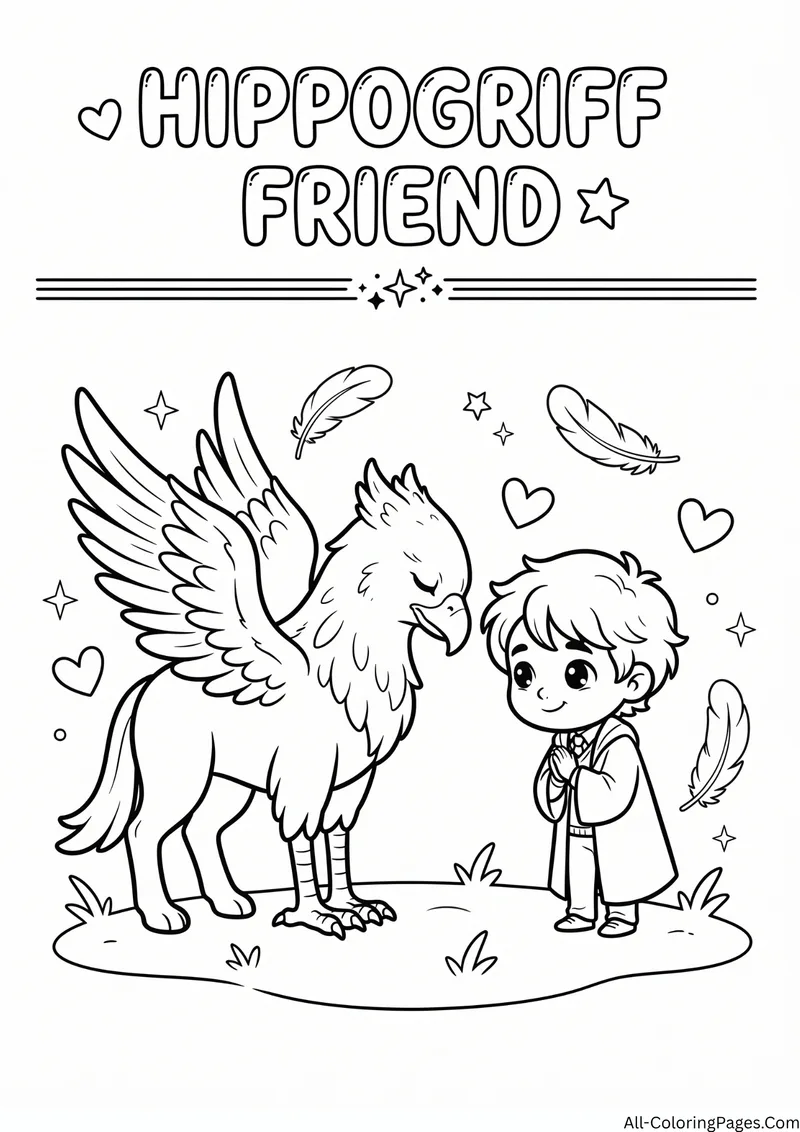 Young wizard bowing to a hippogriff with feathers and hearts around them, with the title Hippogriff Friend
