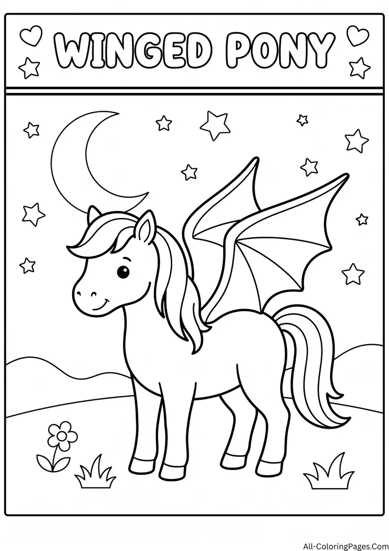 Pony with bat like wings standing in a field under a crescent moon and stars, with the title Winged Pony