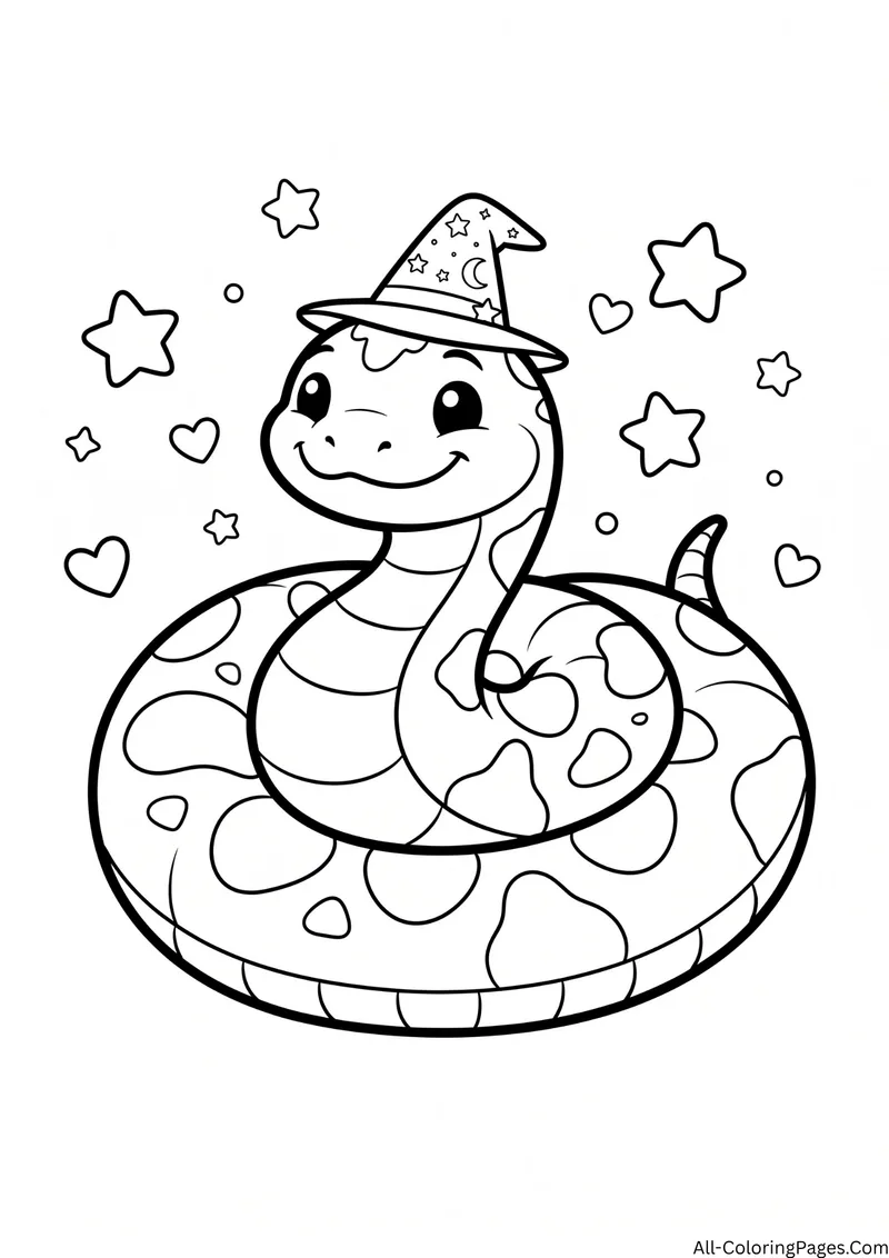 Coiled smiling snake wearing a wizard hat among stars and hearts
