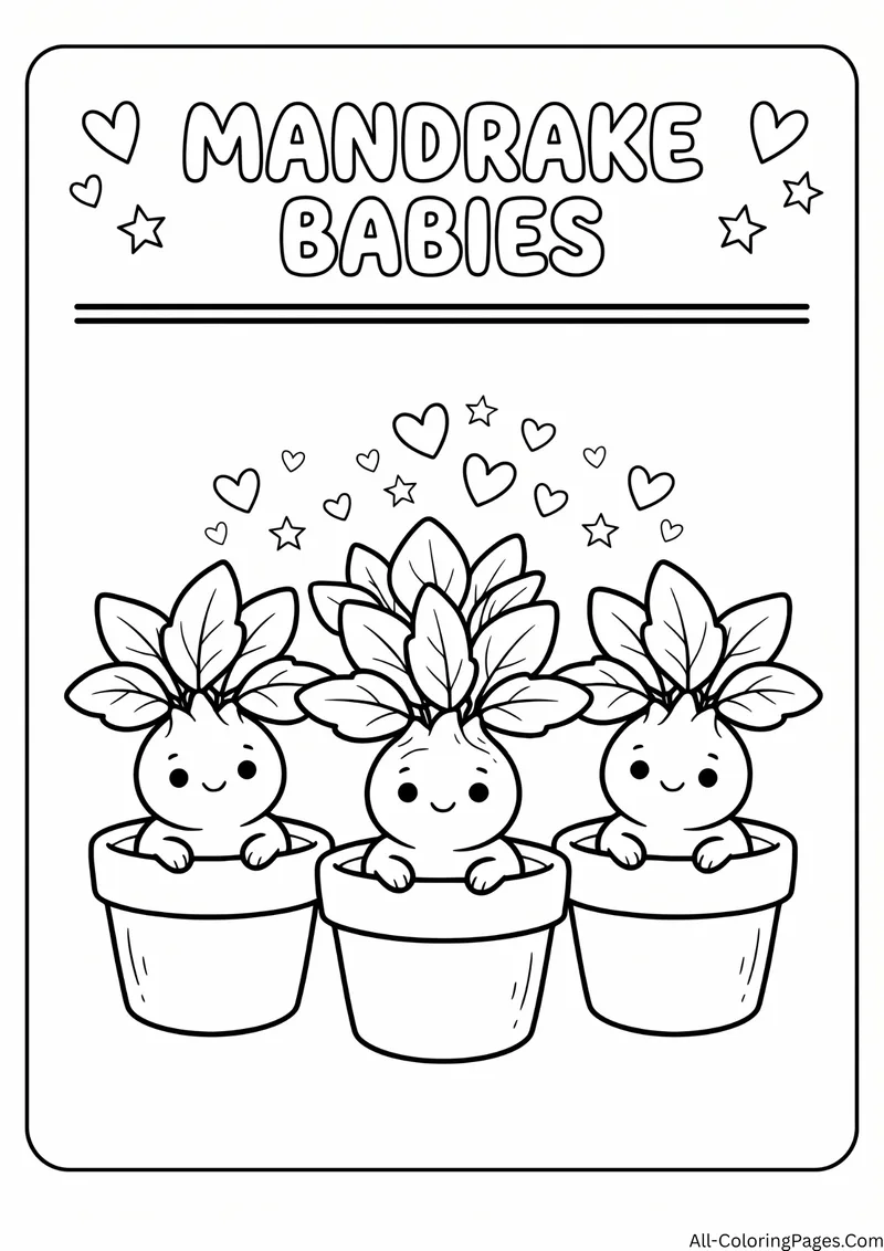Three smiling plant babies in flowerpots with leaves on top, with the title Mandrake Babies