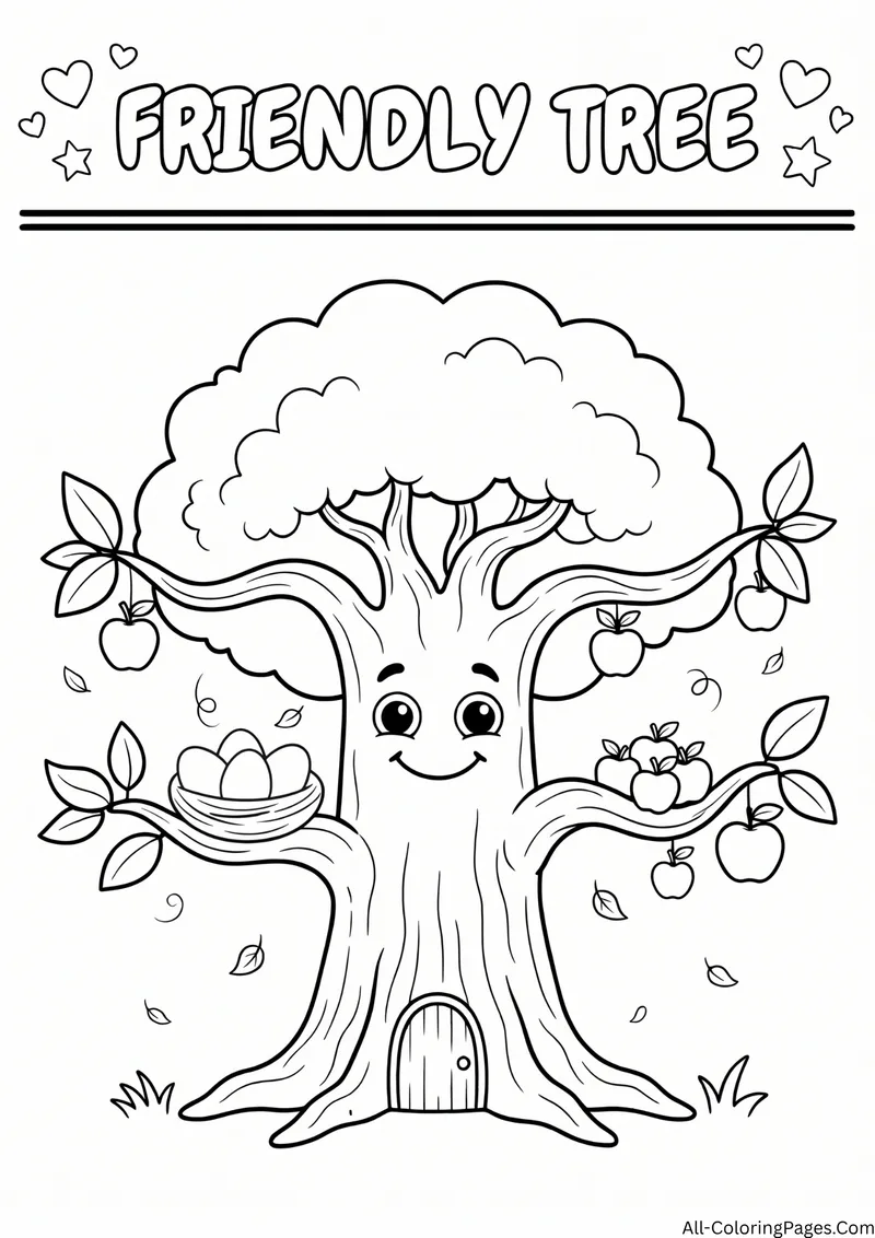 Smiling tree with apples, a nest of eggs and a small door in its trunk, with the title Friendly Tree