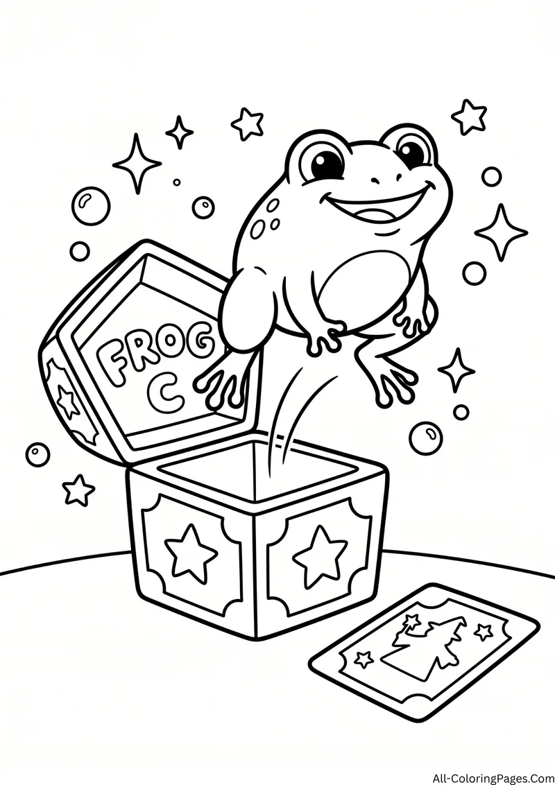 Smiling frog jumping out of a star decorated box with a trading card, with the title Chocolate Frog