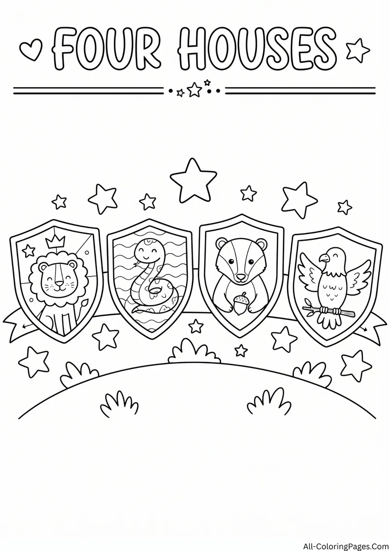 Four shields with a lion, a snake, a badger and an eagle under stars, with the title Four Houses