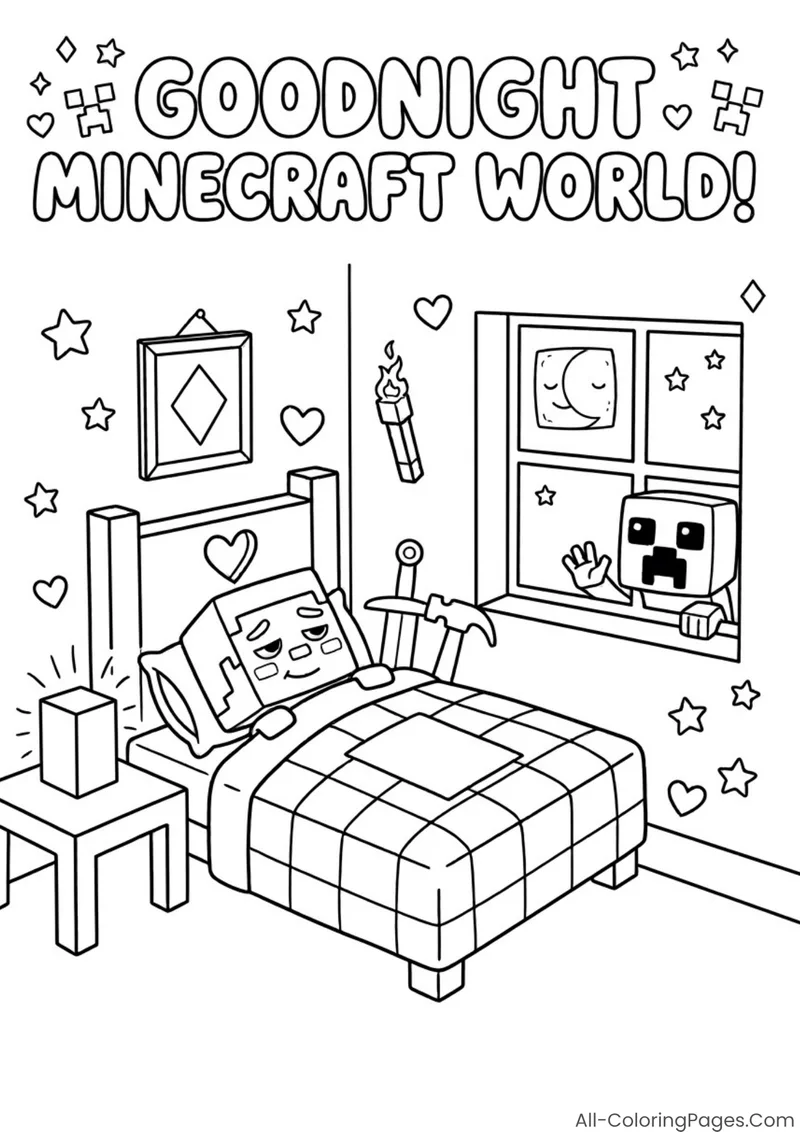 Steve sleeping under a checked blanket with a Creeper at the window