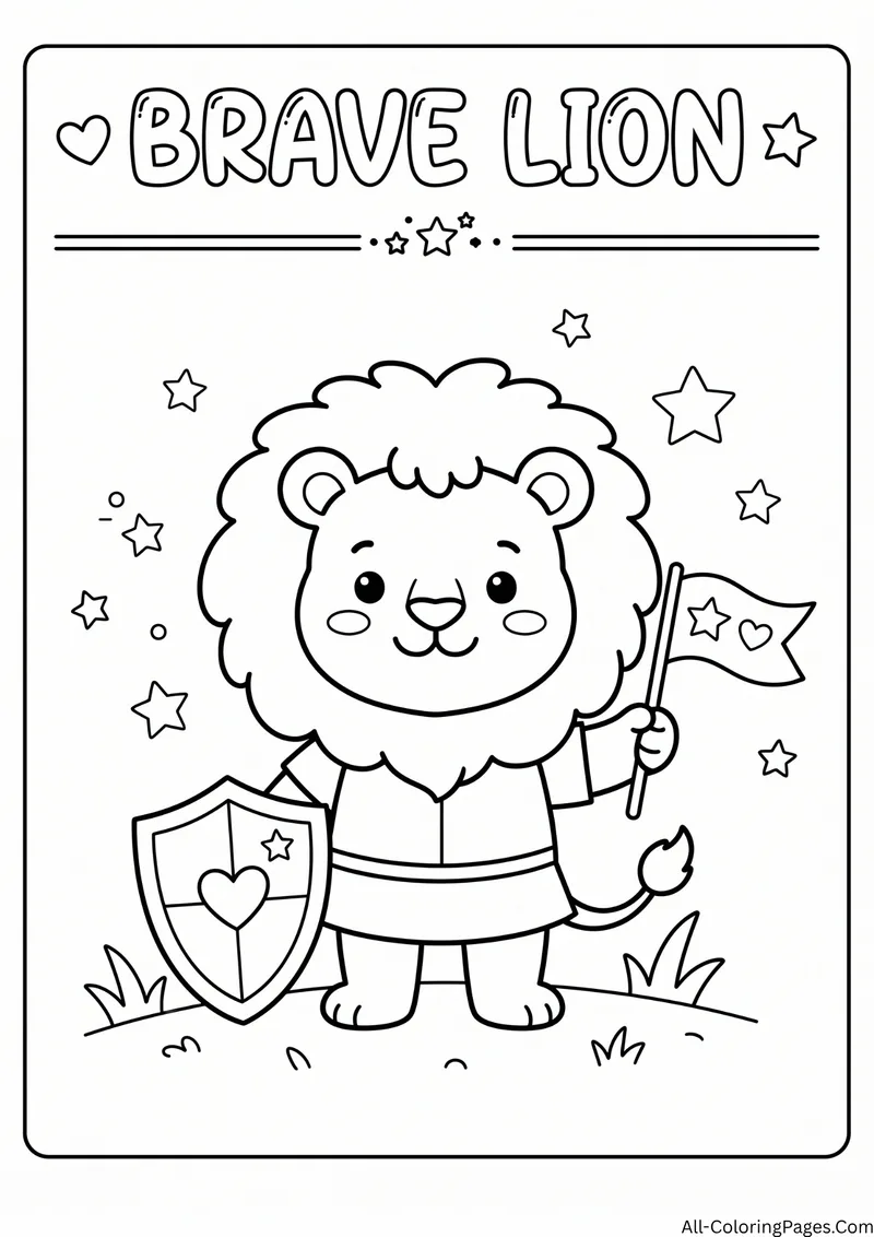 Cartoon lion holding a shield with a heart and a flag among stars, with the title Brave Lion