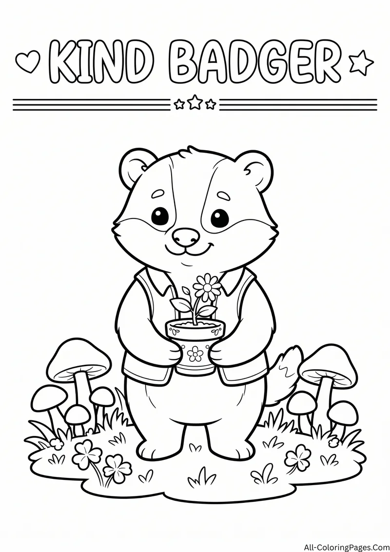 Badger holding a flower in a pot among mushrooms and clover, with the title Kind Badger