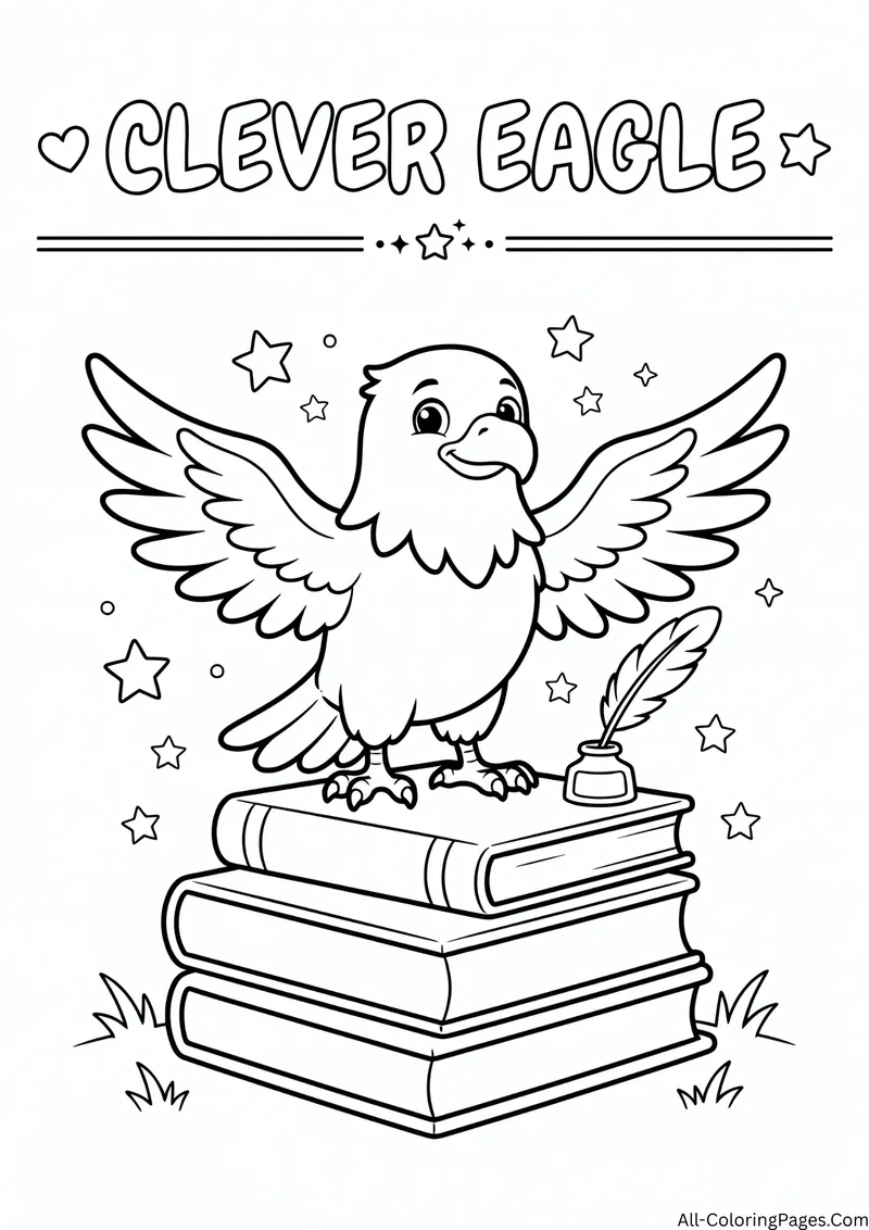 Eagle with spread wings perched on a stack of books with a quill and ink bottle, with the title Clever Eagle