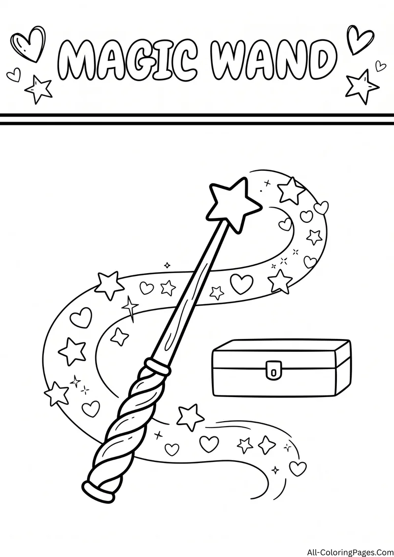 Magic wand leaving a trail of stars and hearts above a wooden wand box, with the title Magic Wand