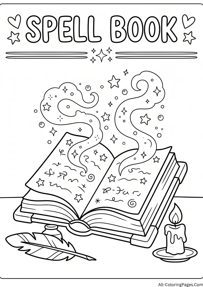 Open spell book with magical swirls rising from it beside a candle and a quill, with the title Spell Book