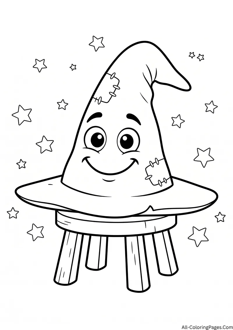 Patched wizard hat with a smiling face sitting on a wooden stool among stars