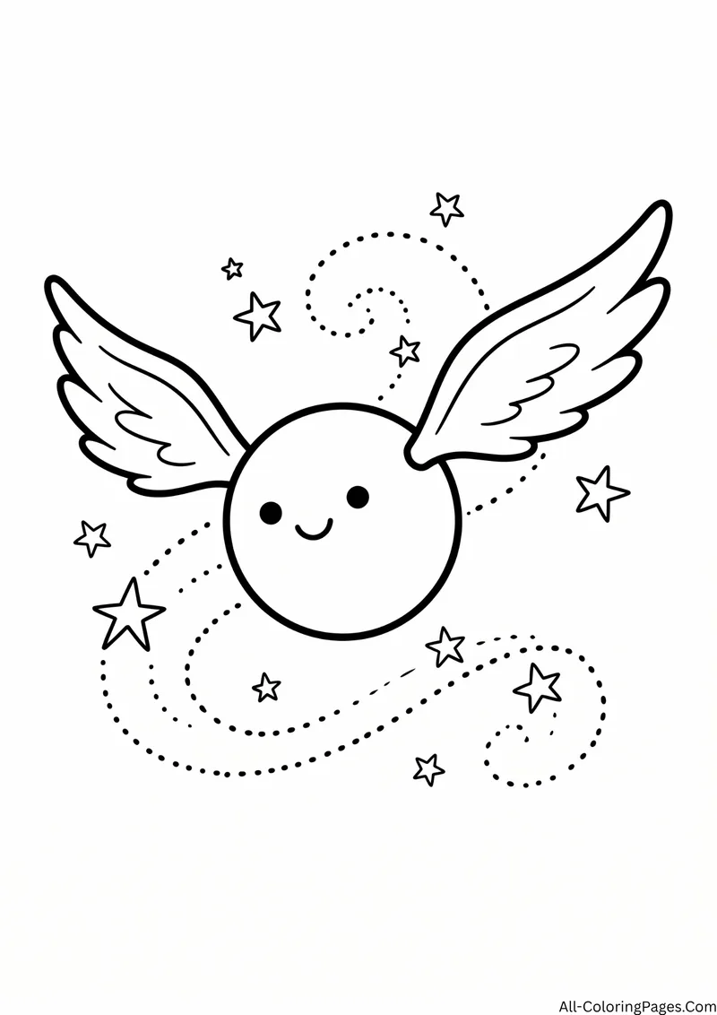 Small smiling ball with feathered wings flying along a dotted trail with stars
