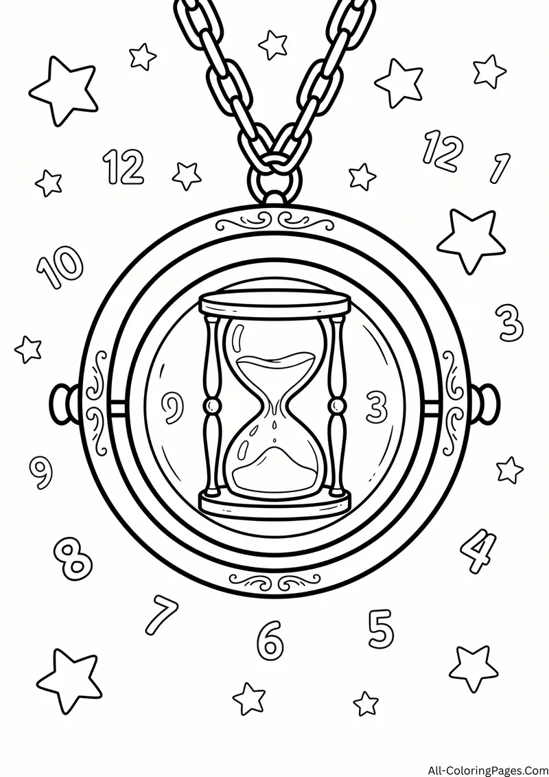 Hourglass pendant on a chain surrounded by clock numbers and stars