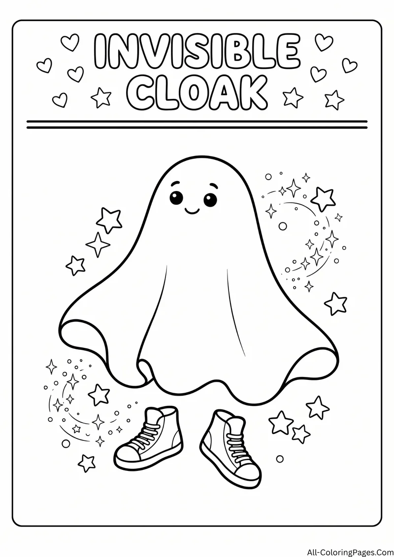 Floating cloak with a smiling face and a pair of sneakers underneath, with the title Invisible Cloak