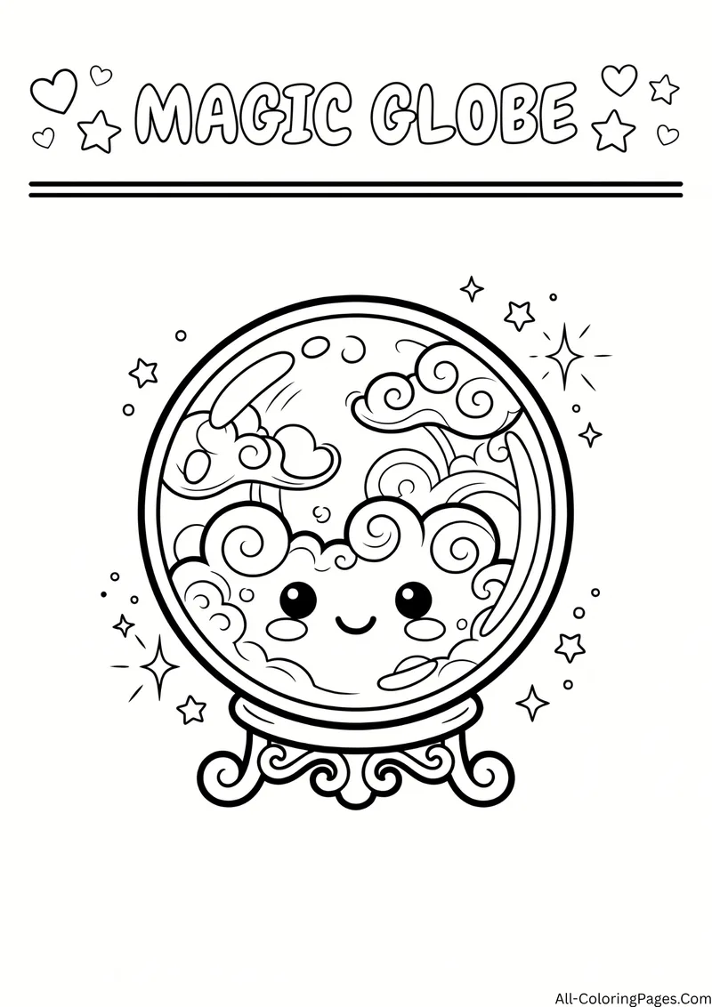 Smiling crystal ball filled with swirls on a decorative stand with sparkles, with the title Magic Globe