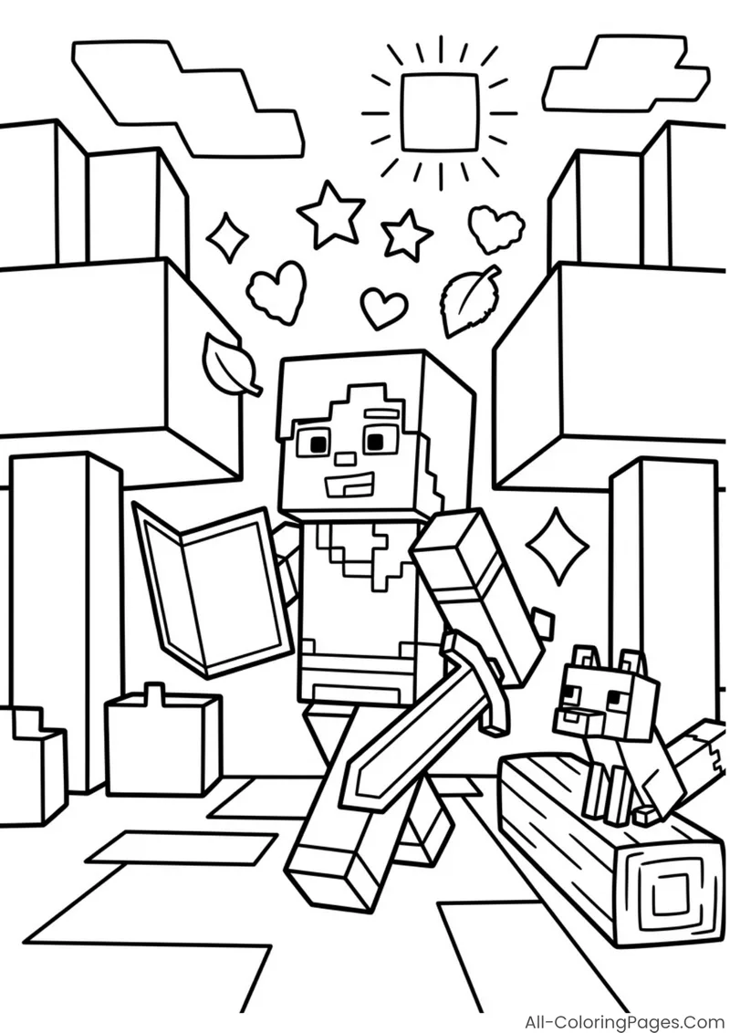 Steve carrying a sword and shield through a blocky forest beside a wolf