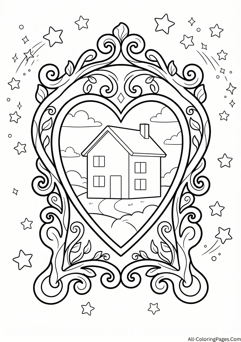 Ornate heart shaped mirror showing a house and a path inside a swirly frame with stars