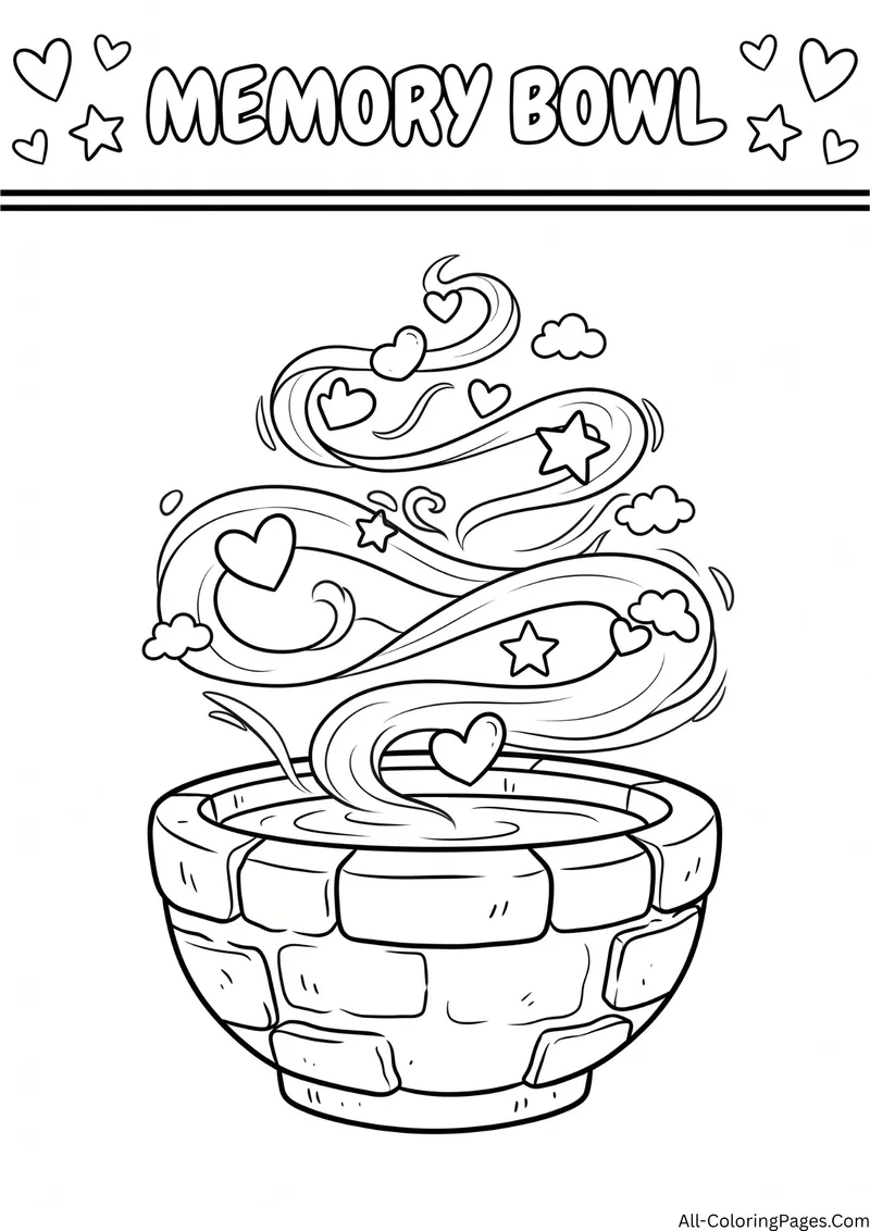 Stone basin with swirling mist, hearts and stars rising out of it, with the title Memory Bowl