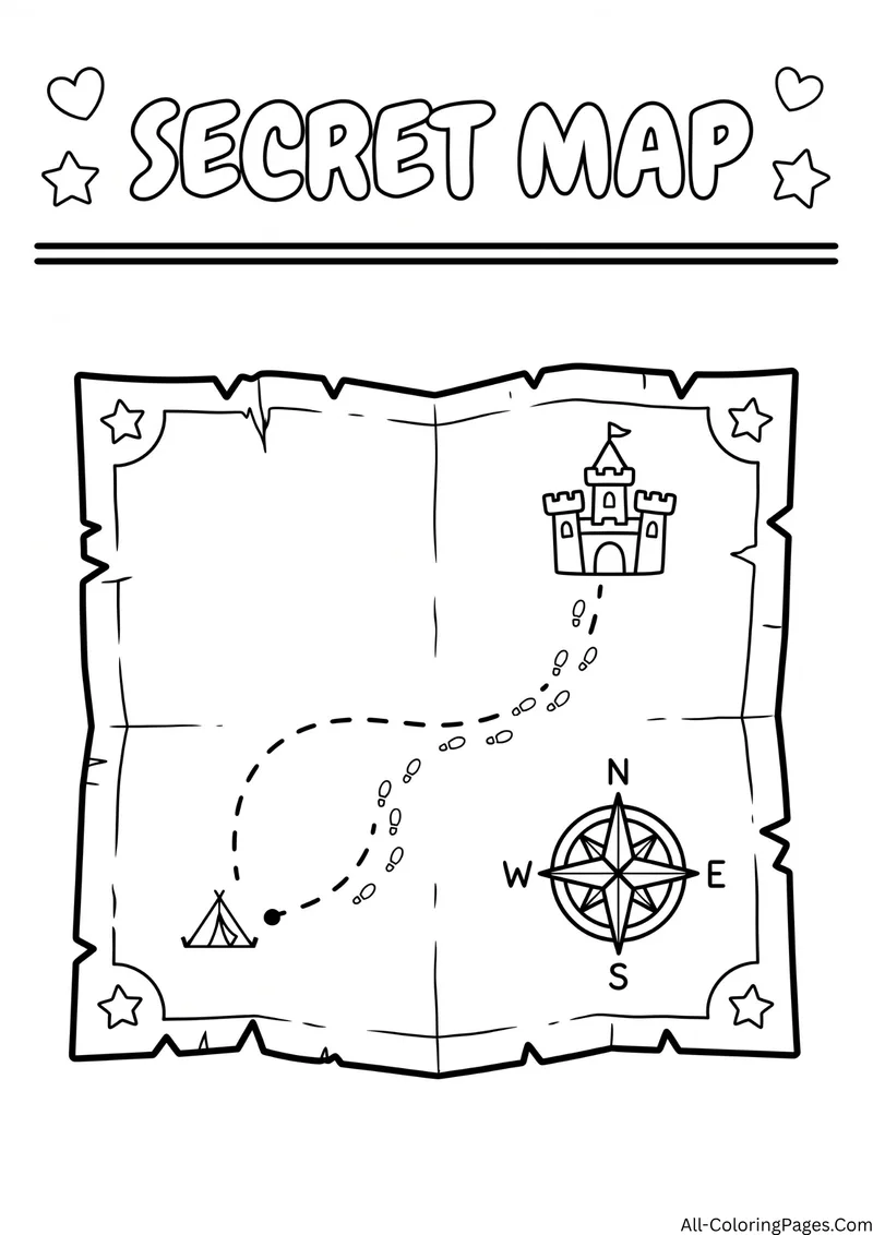 Old map with a dotted path from a tent to a castle and a compass, with the title Secret Map