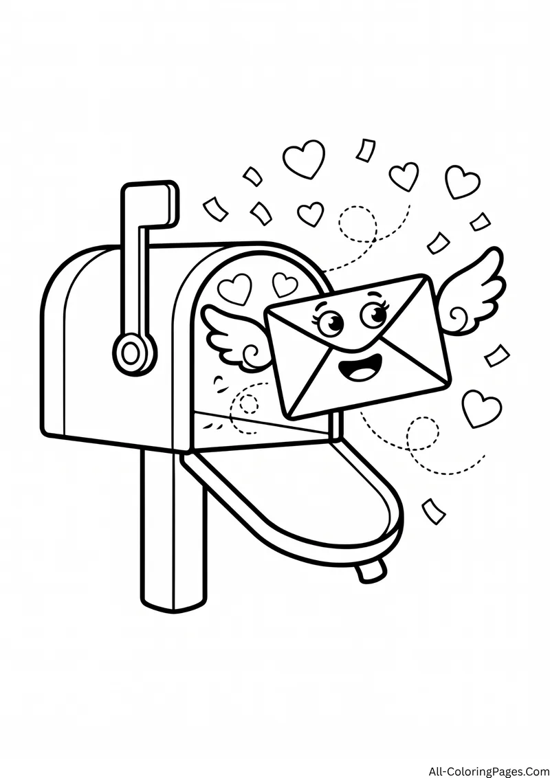 Smiling envelope with wings flying out of a mailbox with hearts and confetti