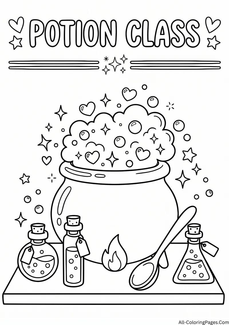 Bubbling cauldron over a flame with potion bottles and a spoon, with the title Potion Class