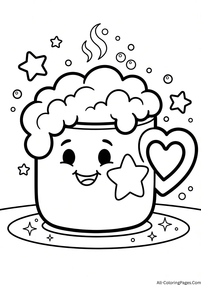 Smiling mug with foam on top and a heart shaped handle among stars