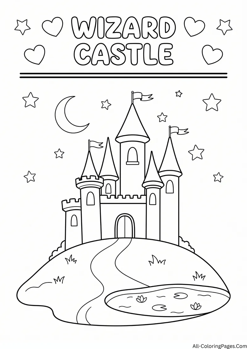 Castle with tall towers on a hill by a lake under a crescent moon, with the title Wizard Castle