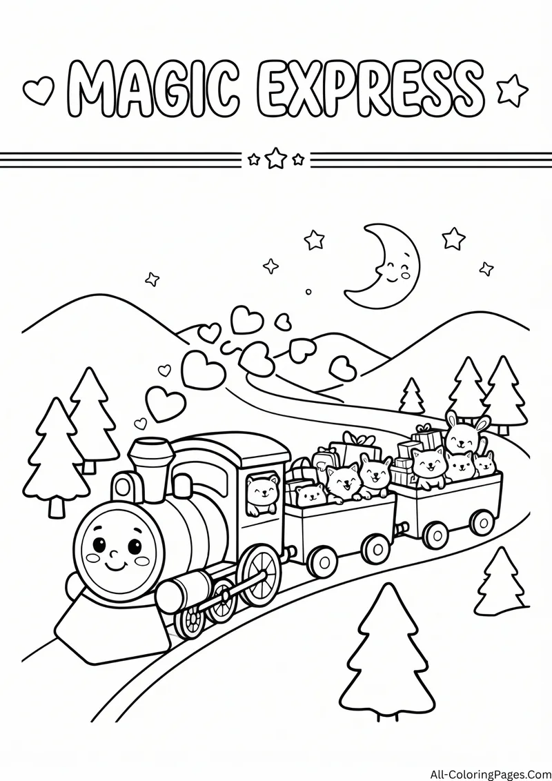 Smiling steam train pulling carriages through hills and pine trees under a moon, with the title Magic Express