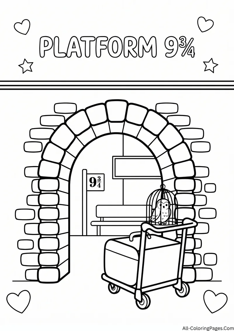 Brick arch with a platform sign and a luggage trolley carrying an owl cage, with the title Platform 9¾