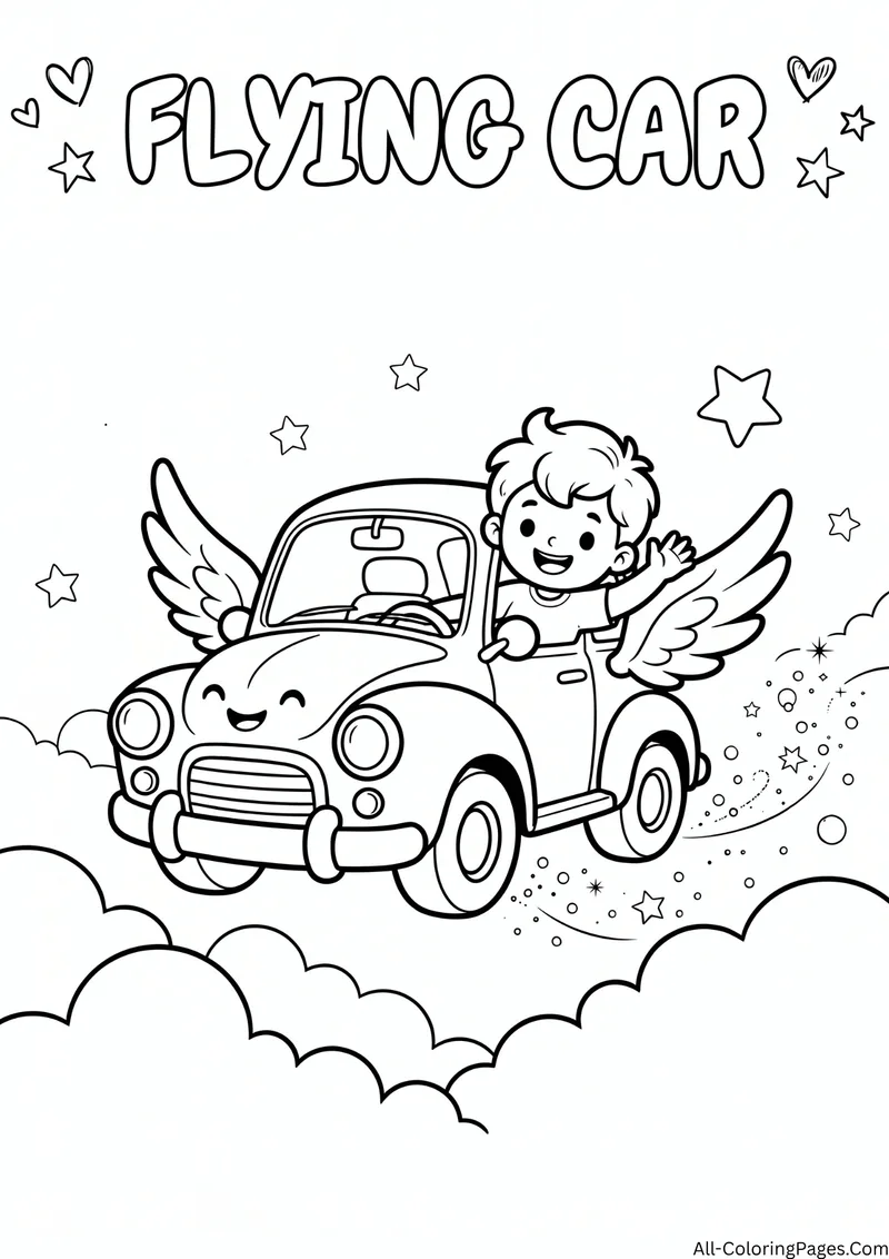 Boy waving from a smiling car with wings flying above clouds, with the title Flying Car