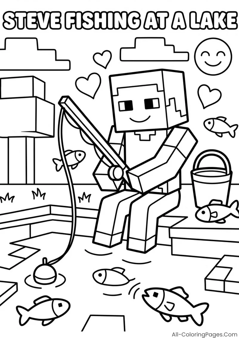 Steve holding a fishing rod by a lake with fish and a bucket