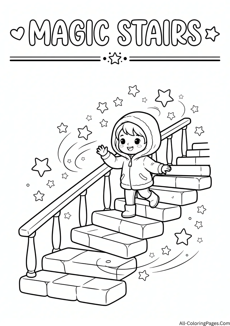 Child in a hooded robe walking down moving stone stairs with sparkles, with the title Magic Stairs