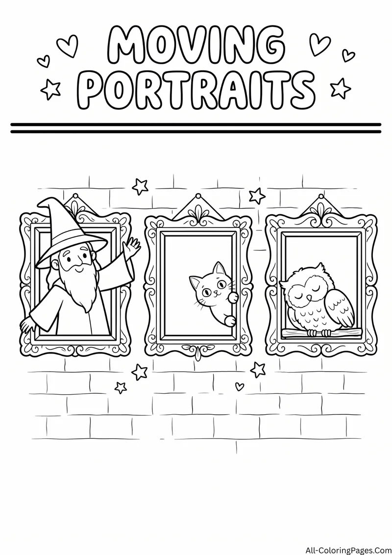 Three framed portraits of a wizard, a cat and an owl on a brick wall, with the title Moving Portraits