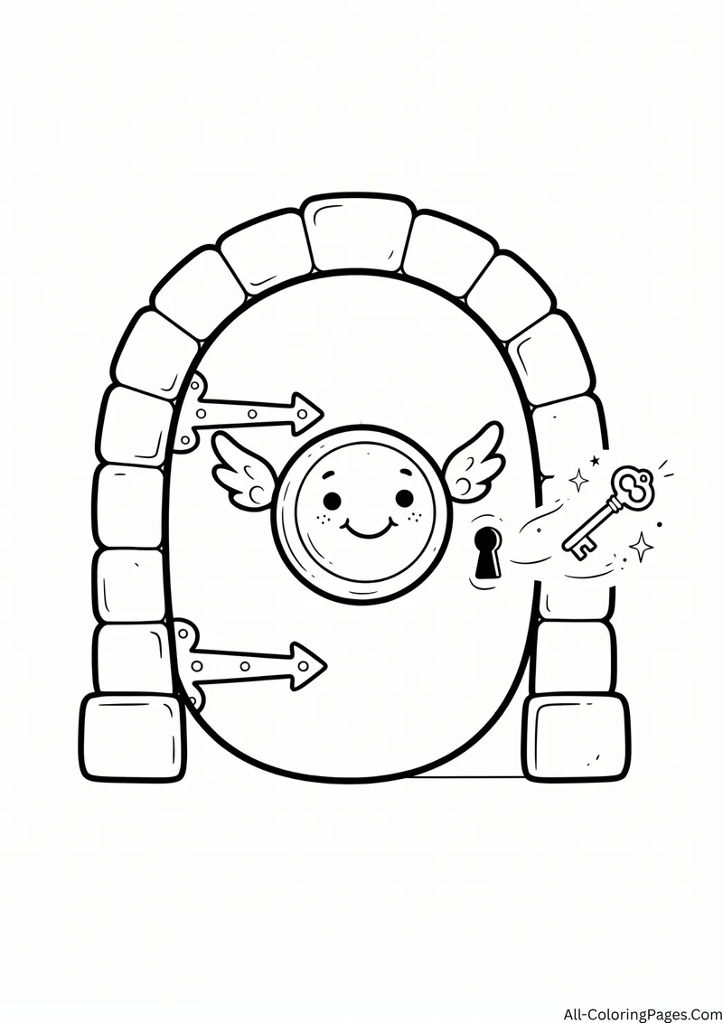 Stone arched door with a smiling winged doorknob and a flying key