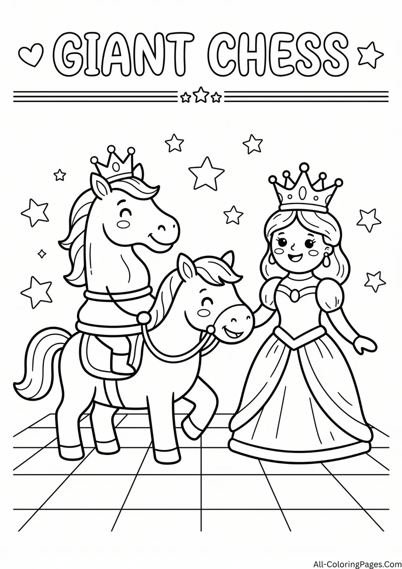 Giant chess pieces with two crowned horse knights and a queen on a checkered floor, with the title Giant Chess