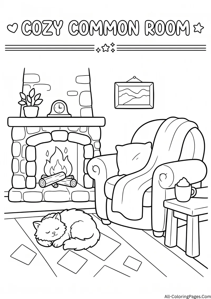 Cozy room with a fireplace, an armchair, a side table and a sleeping cat, with the title Cozy Common Room