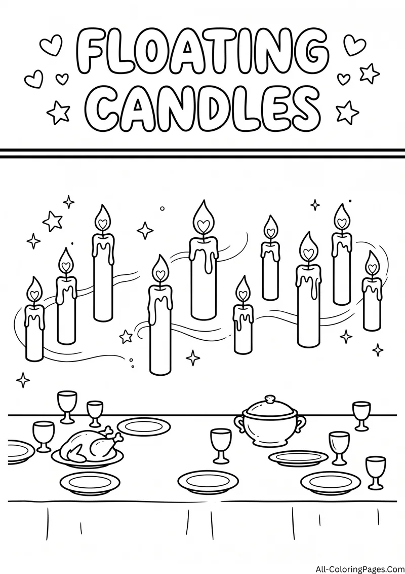 Floating candles above a long dining table with plates, goblets and food, with the title Floating Candles