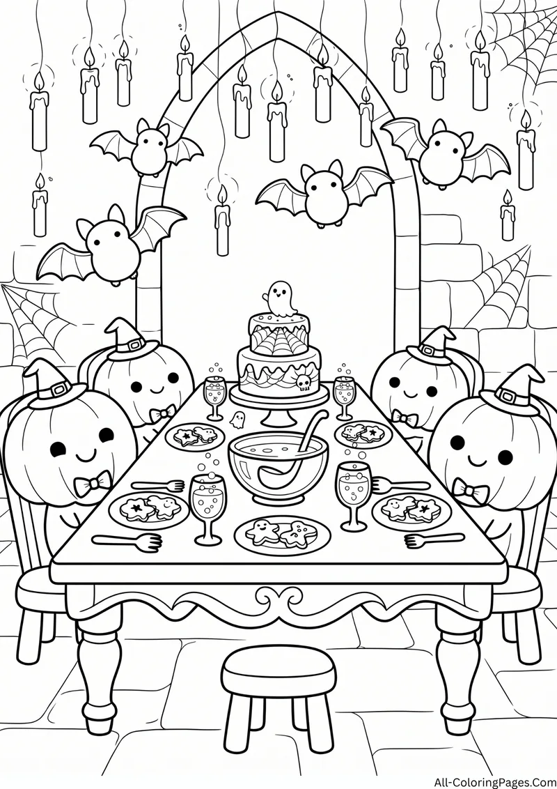 Great hall with floating candles, bats, smiling pumpkins and a table full of food and cake