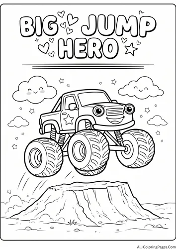 Smiling monster truck jumping over a dirt ramp with clouds, with the title Big Jump Hero