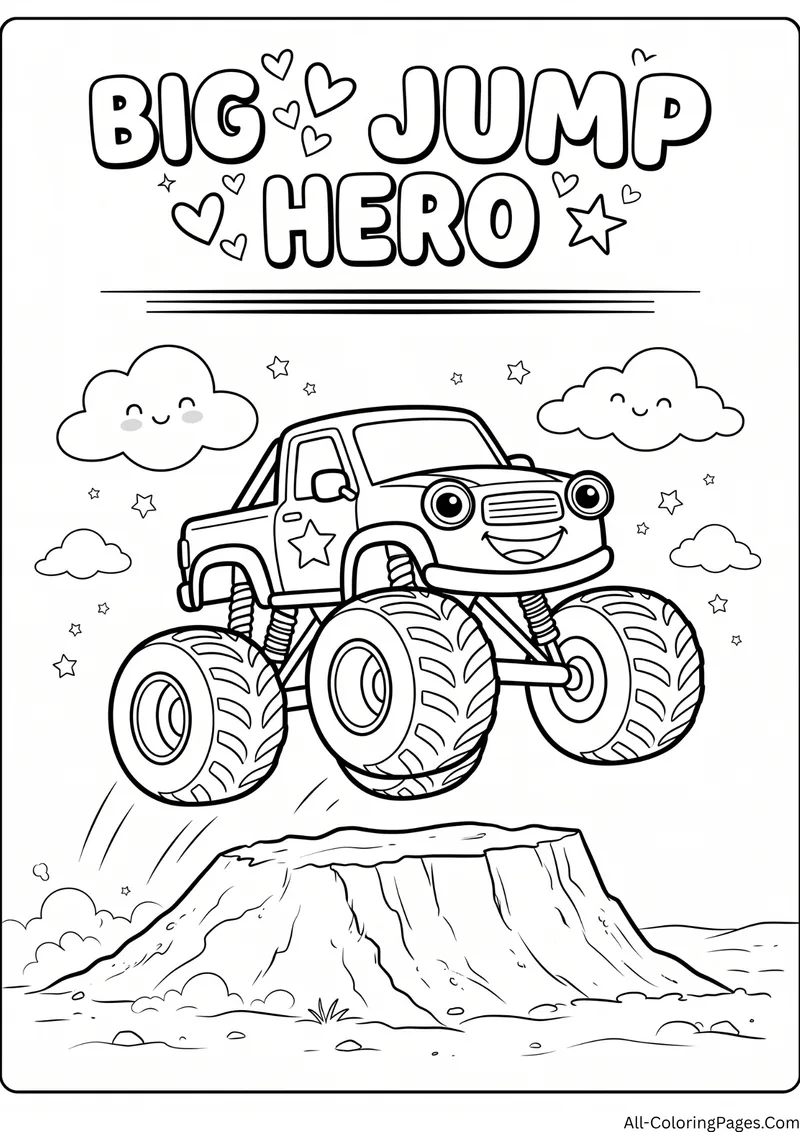 Smiling monster truck jumping over a dirt ramp with clouds, with the title Big Jump Hero