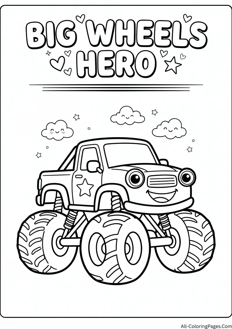 Front view of a smiling monster truck with huge tires and a star on the door, with the title Big Wheels Hero