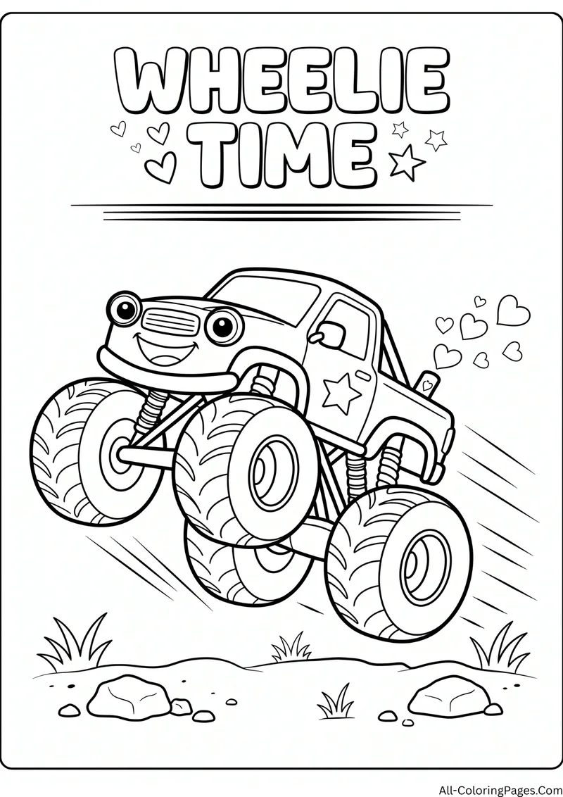 Monster truck doing a wheelie on a dirt track with hearts, with the title Wheelie Time
