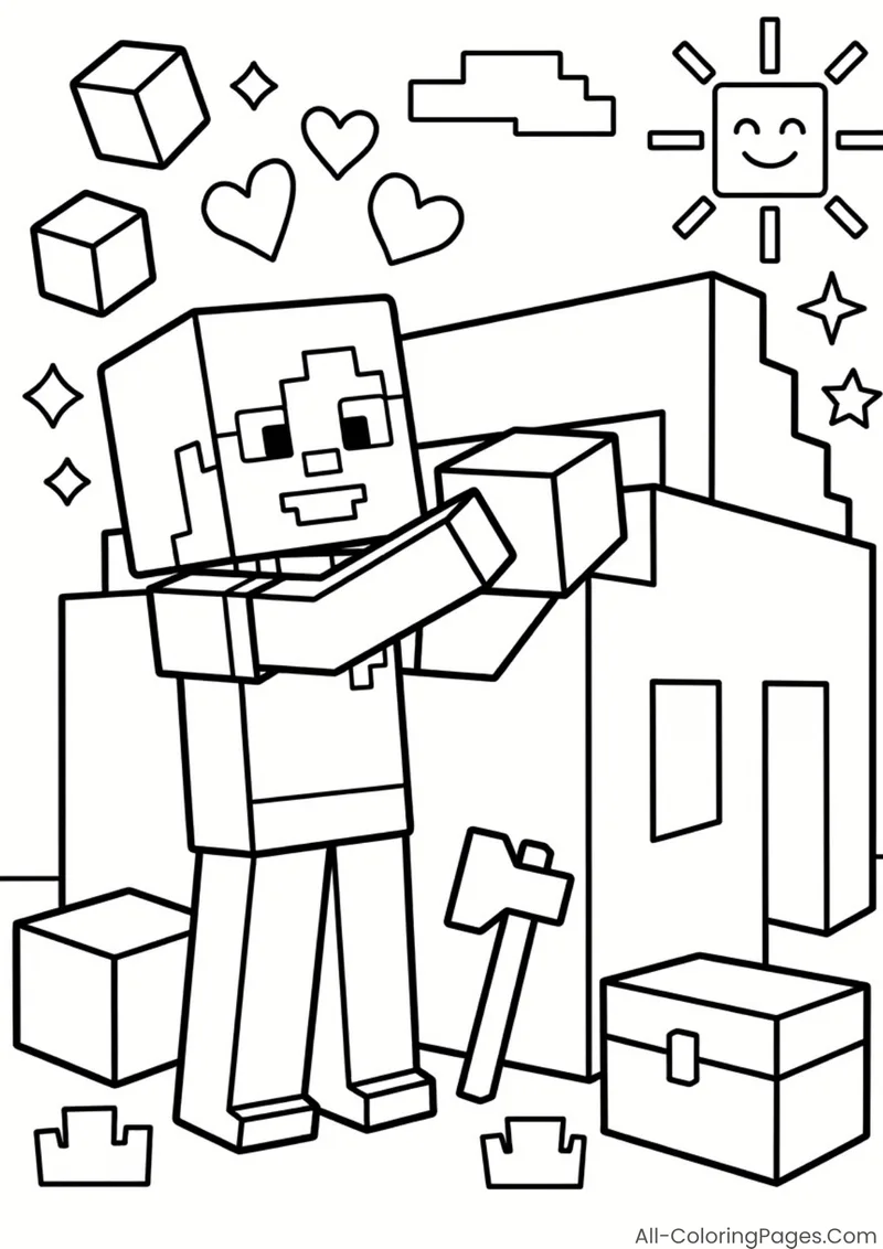 Alex holding a cube beside stacked blocks and a pickaxe