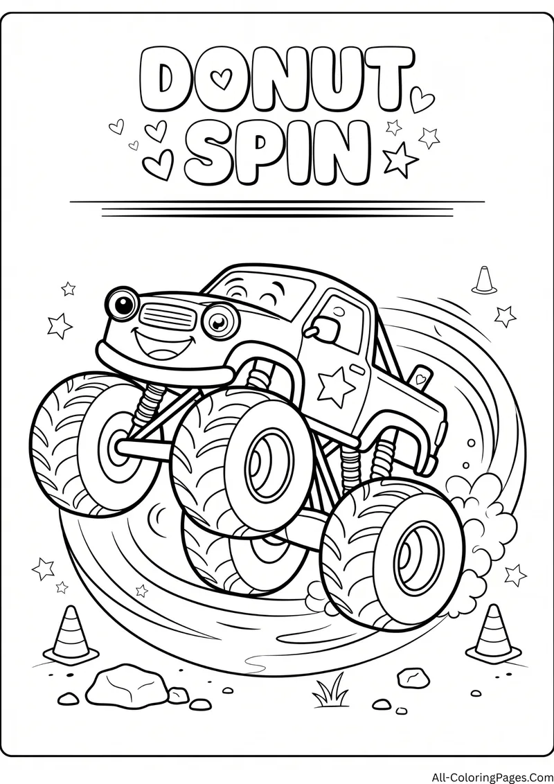 Monster truck spinning in a circle and kicking up dust between traffic cones, with the title Donut Spin