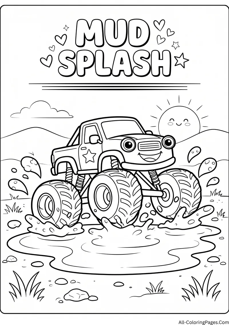 Monster truck splashing through a mud puddle under a smiling sun, with the title Mud Splash