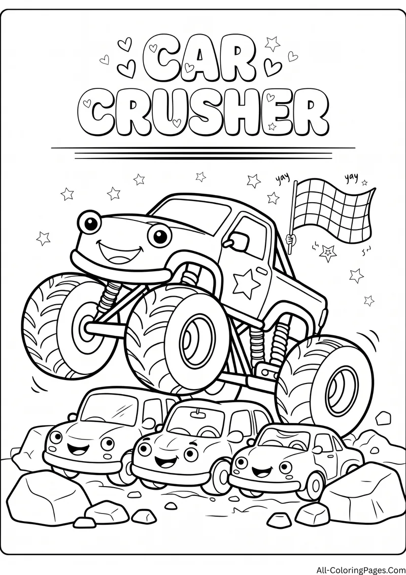 Monster truck driving over three small cartoon cars with a checkered flag, with the title Car Crusher