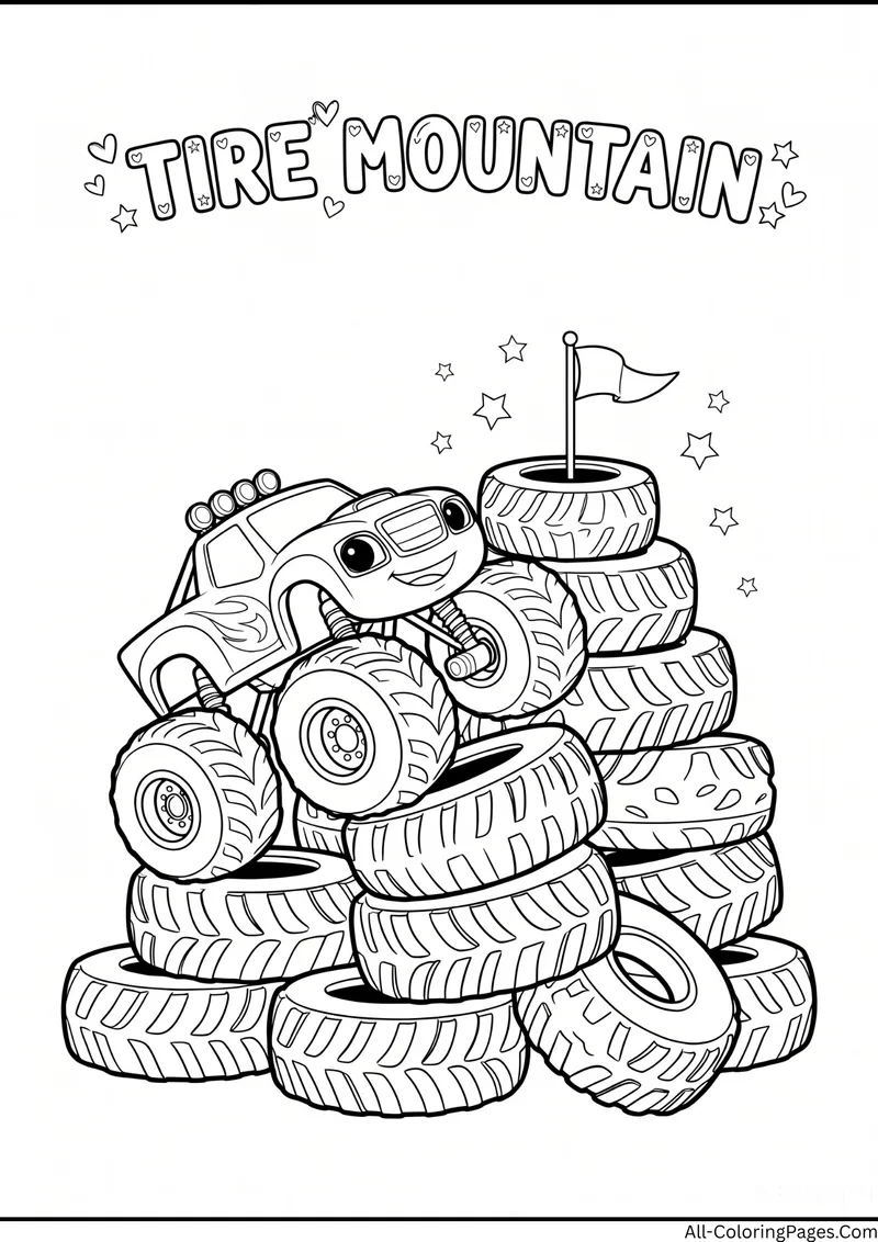 Monster truck perched on a tall pile of tires with a flag on top, with the title Tire Mountain