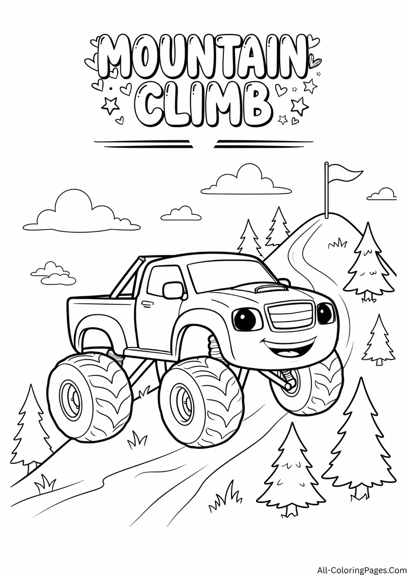 Monster truck climbing a winding mountain trail with pine trees and a flag, with the title Mountain Climb