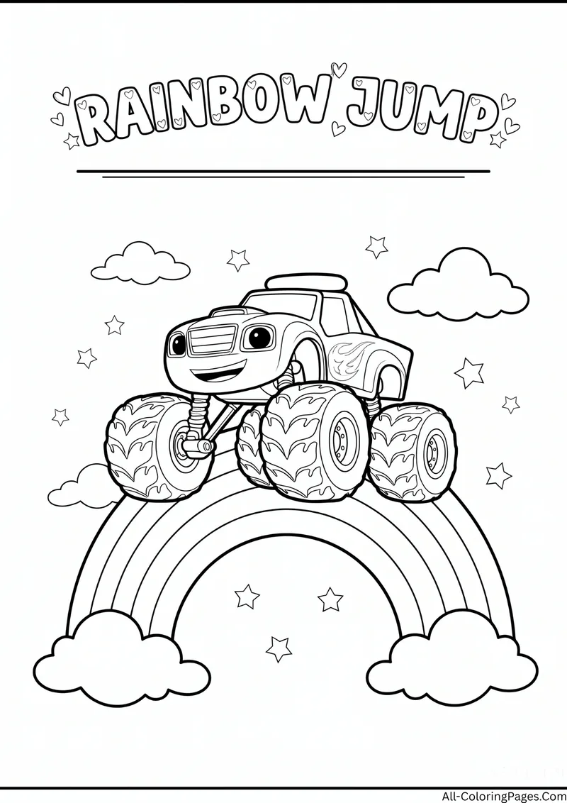 Monster truck driving on top of a rainbow among clouds and stars, with the title Rainbow Jump