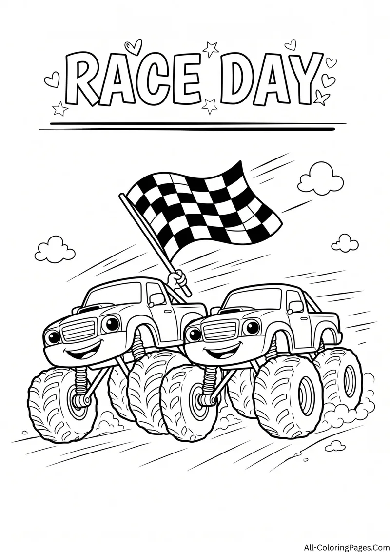 Two monster trucks racing side by side with a checkered flag, with the title Race Day